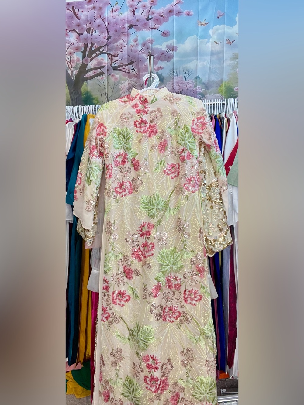 Cream pink Ao dai suông kim sa sequin Vietnamese traditional long dress set m 2 - Picture 4 of 5
